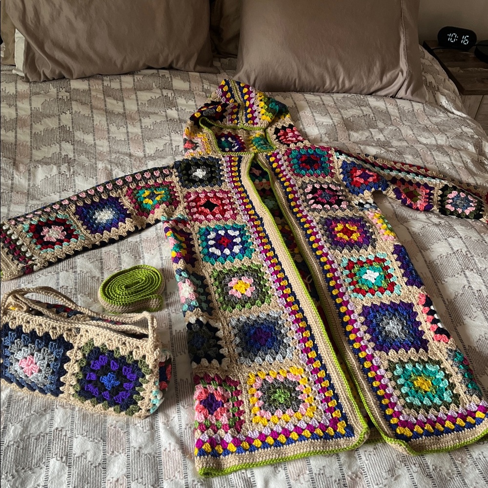 Colorful Crochet Hooded Cardigan and Bag Set